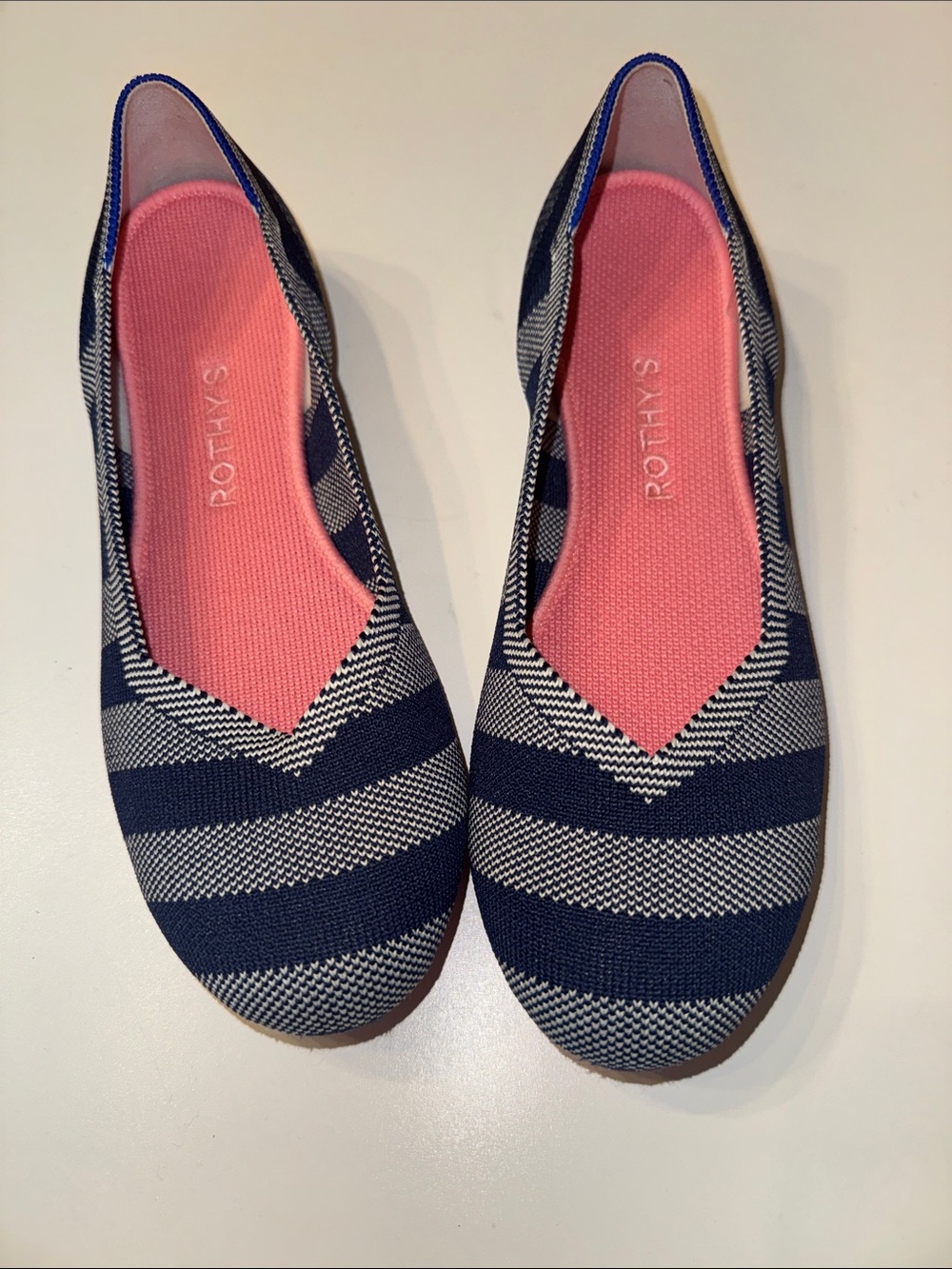 Rothy’s The Flat Round Toe Riviera Big Stripe Ballet Shoes Pink Sole Sz 7.5 NWOB